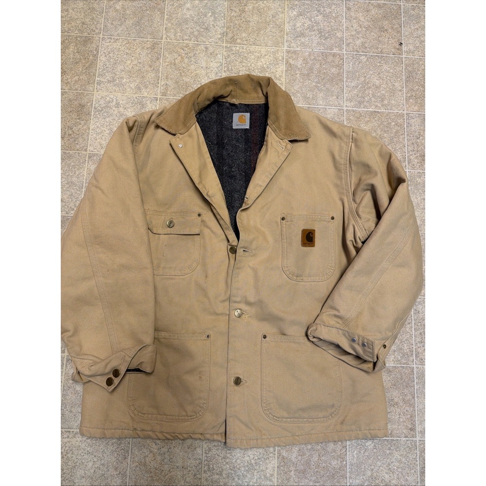 Vintage Faded 1990's Carhartt Chore Jacket Tan Blanket Lined Large Boxy Workwear
